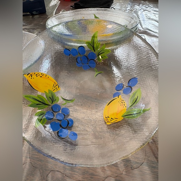 Crate and Barrel 6 Hand-Painted Glass Serving Bowl with Fruit Design - Picture 1 of 4